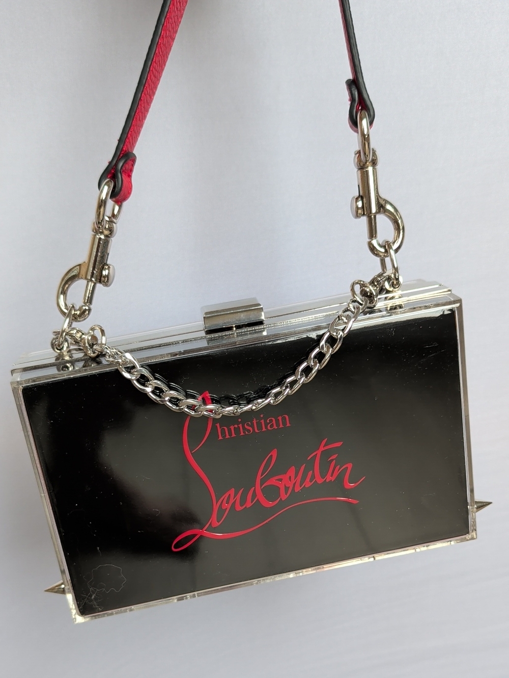 Upcycled Spiked Out Christian Louboutin Black Acrylic Logo Box Clutch